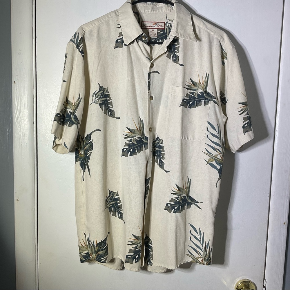 Paradise Blue Silk Tropical Casual Button Down Shirt SZ M
